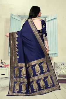 Navy Blue Woven Silk Blend Saree With Blouse