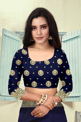Navy Blue Woven Silk Blend Saree With Blouse 5
