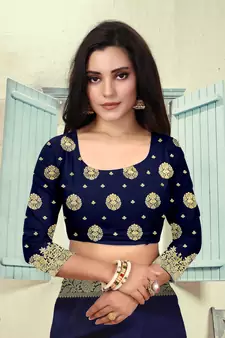 Navy Blue Woven Silk Blend Saree With Blouse