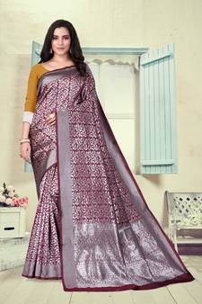 Maroon Woven Silk Blend Saree With Blouse