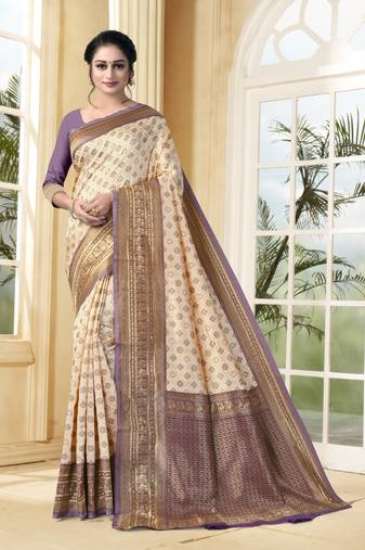 Cream Woven Silk Blend Saree With Blouse