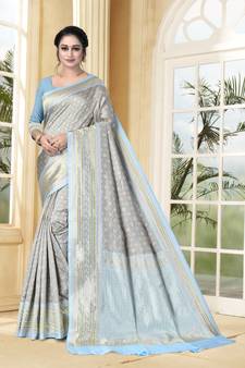 Grey Woven Silk Blend Saree With Blouse