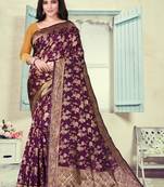Wine Woven Silk Blend Saree With Blouse
