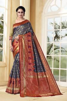 Navy Blue Woven Silk Blend Saree With Blouse