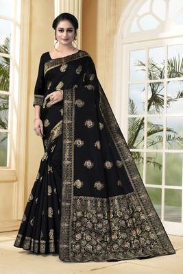 Black Woven Silk Blend Saree With Blouse 1