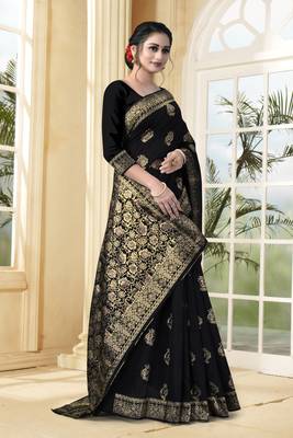 Black Woven Silk Blend Saree With Blouse 4