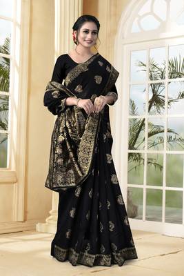 Black Woven Silk Blend Saree With Blouse 5