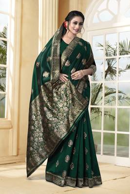 Green Woven Silk Blend Saree With Blouse 4