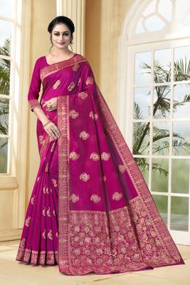 Magenta Woven Silk Blend Saree With Blouse 1