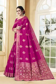 Magenta Woven Silk Blend Saree With Blouse
