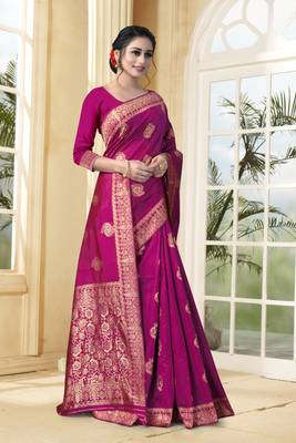 Magenta Woven Silk Blend Saree With Blouse 3