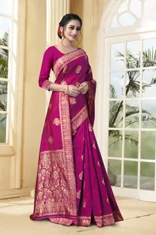 Magenta Woven Silk Blend Saree With Blouse
