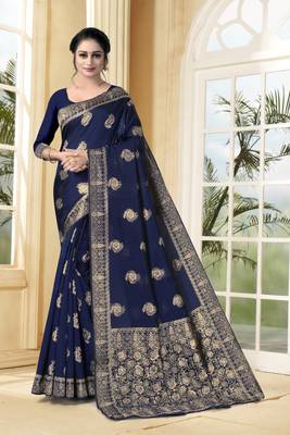 Navy Blue Woven Silk Blend Saree With Blouse 1