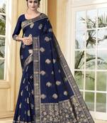 Navy Blue Woven Silk Blend Saree With Blouse