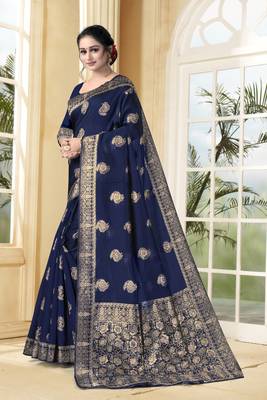 Navy Blue Woven Silk Blend Saree With Blouse 2