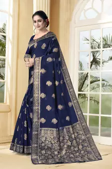 Navy Blue Woven Silk Blend Saree With Blouse