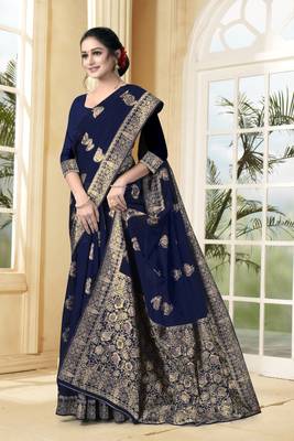 Navy Blue Woven Silk Blend Saree With Blouse 3