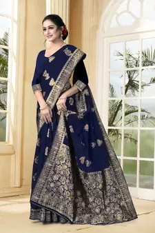 Navy Blue Woven Silk Blend Saree With Blouse