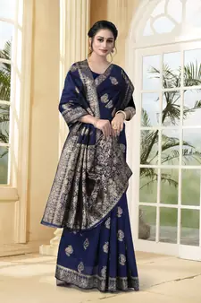 Navy Blue Woven Silk Blend Saree With Blouse