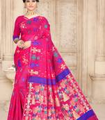 Pink Woven Cotton Saree With Blouse