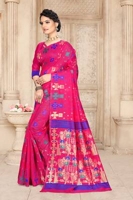 Pink Woven Cotton Saree With Blouse 2