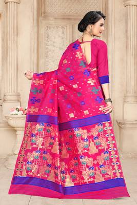 Pink Woven Cotton Saree With Blouse 4