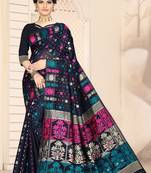 Navy Blue Woven Cotton Saree With Blouse