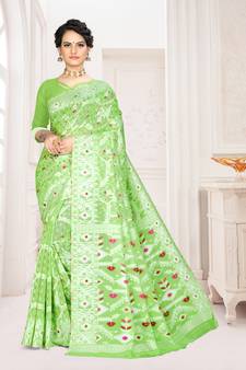 Parrot Green Woven Cotton Saree With Blouse