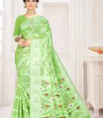 Parrot Green Woven Cotton Saree With Blouse