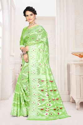 Parrot Green Woven Cotton Saree With Blouse 2