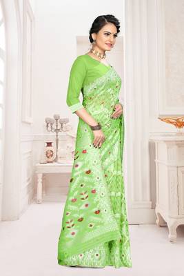 Parrot Green Woven Cotton Saree With Blouse 3