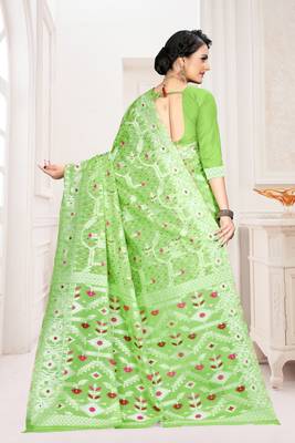 Parrot Green Woven Cotton Saree With Blouse 4