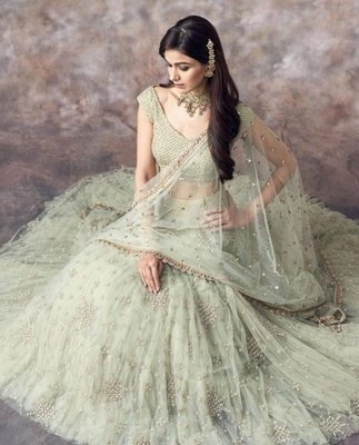 Aqua Green Sequins Embroidered Net Lehenga Choli 2