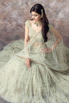 Aqua Green Sequins Embroidered Net Lehenga Choli