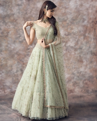 Aqua Green Sequins Embroidered Net Lehenga Choli 3