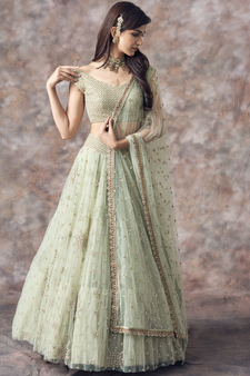 Aqua Green Sequins Embroidered Net Lehenga Choli