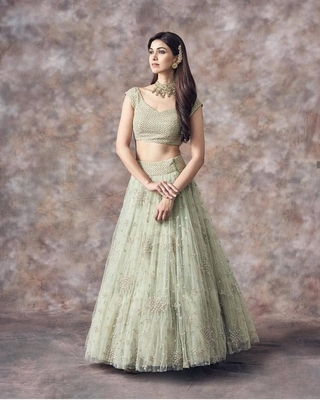 Aqua Green Sequins Embroidered Net Lehenga Choli 4