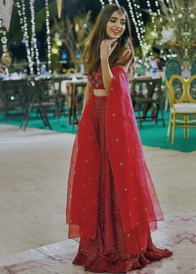 Dark Red Sequins And Zari Embroidered Georgette Semi Stitched Lehenga 2