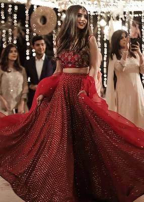 Dark Red Sequins And Zari Embroidered Georgette Semi Stitched Lehenga 1