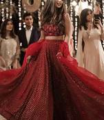Dark Red Sequins And Zari Embroidered Georgette Semi Stitched Lehenga