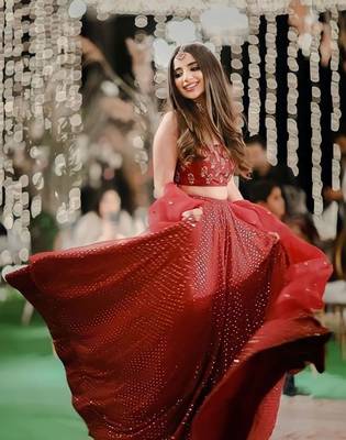 Dark Red Sequins And Zari Embroidered Georgette Semi Stitched Lehenga 5