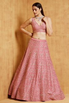 Baby Pink Cording Dori With Zari Thread And 3Mm Sequence Embroidered Malai Satin Silk Lehenga