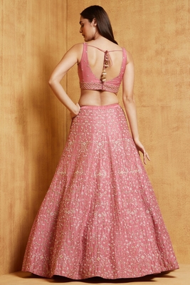 Baby Pink Cording Dori With Zari Thread And 3Mm Sequence Embroidered Malai Satin Silk Lehenga 5