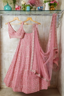 Baby Pink Cording Dori With Zari Thread And 3Mm Sequence Embroidered Malai Satin Silk Lehenga 6