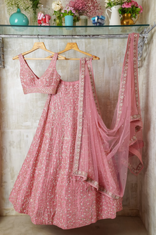Baby Pink Cording Dori With Zari Thread And 3Mm Sequence Embroidered Malai Satin Silk Lehenga