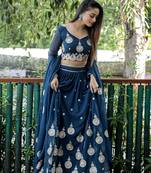 Glamorous Blue Dori, zari and Sequins Embroidered georgette Semi Stitched Lehenga Choli for Wedding