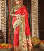 Red woven banarasi silk saree with blouse
