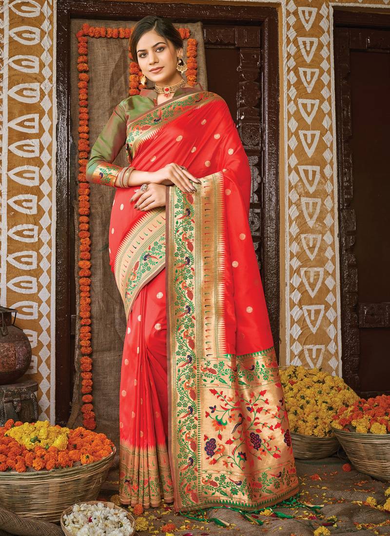 Red woven banarasi silk saree with blouse