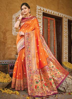 Orange woven banarasi silk saree with blouse 1