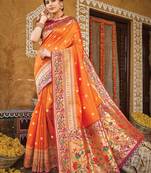 Orange woven banarasi silk saree with blouse